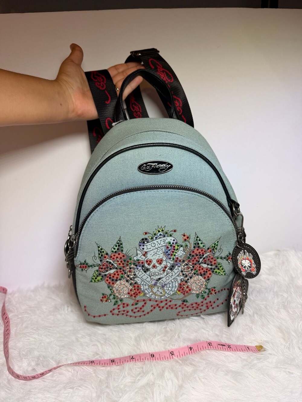 Ed Hardy Love Kills Slowly Denim Mini Backpack with Rhinestone Skull Rose Detail